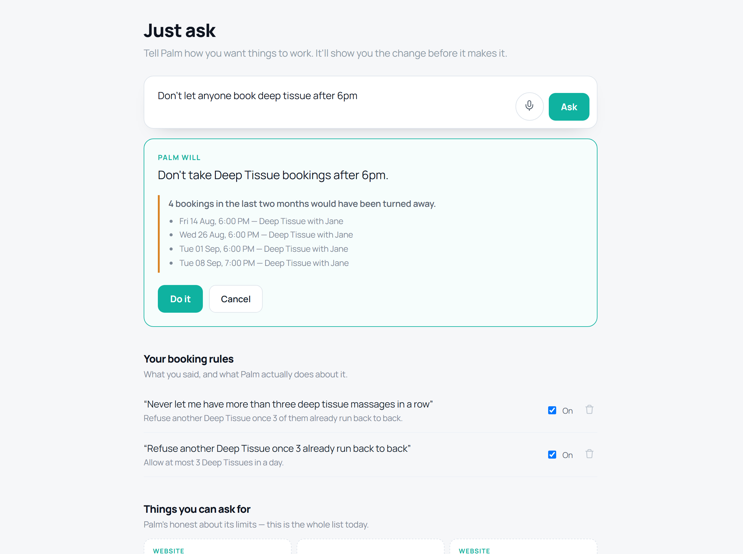 Booking rules you say out loud in Palm